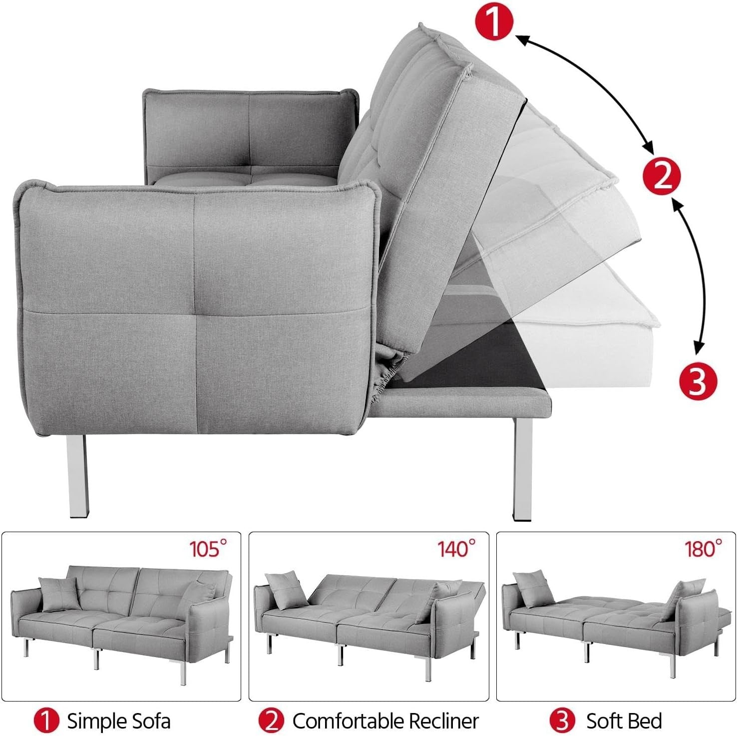 Grey Sofa Bed 3 Seater Click Clack Recliner with Arms & Cushions