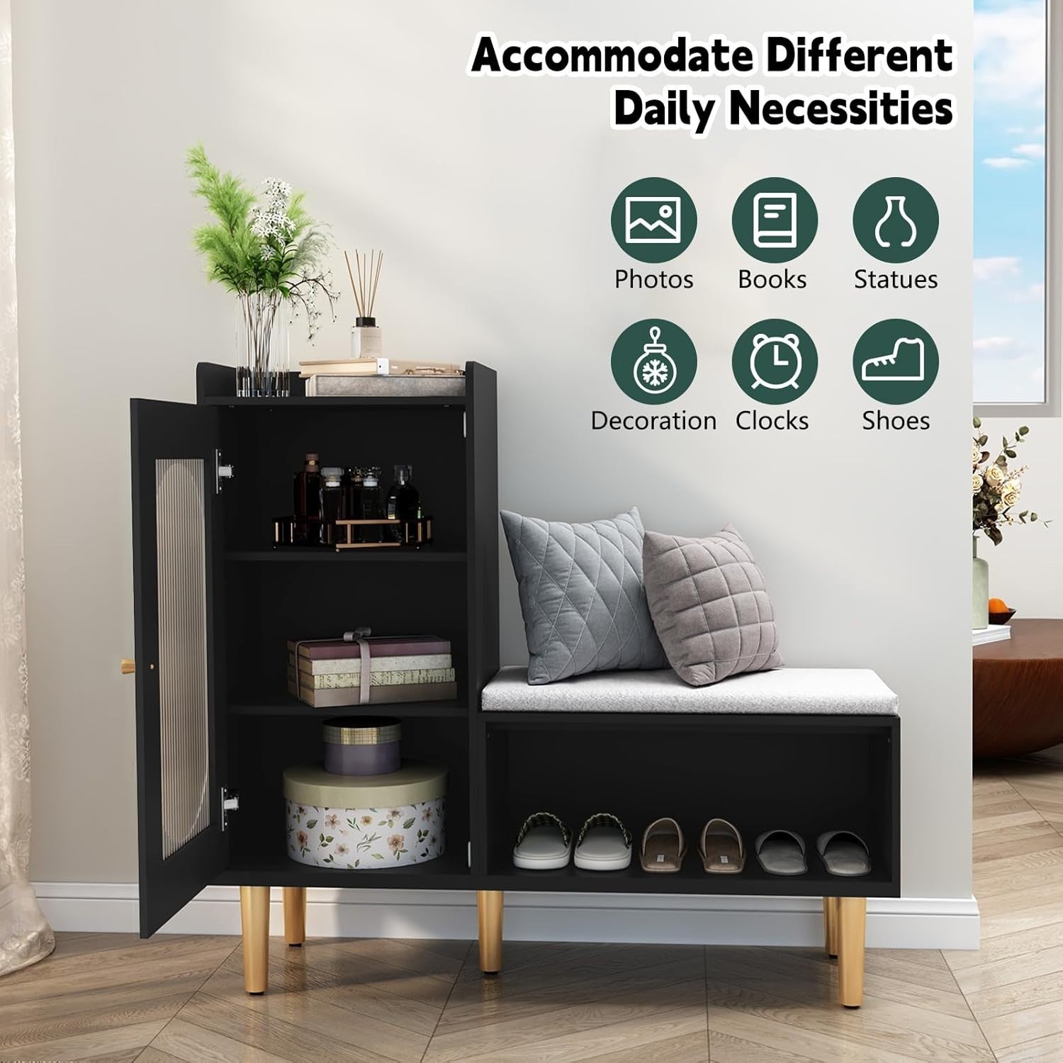Black Shoe Storage Bench with Cushion & Glass Door Cabinet 100x29.5x91.5cm