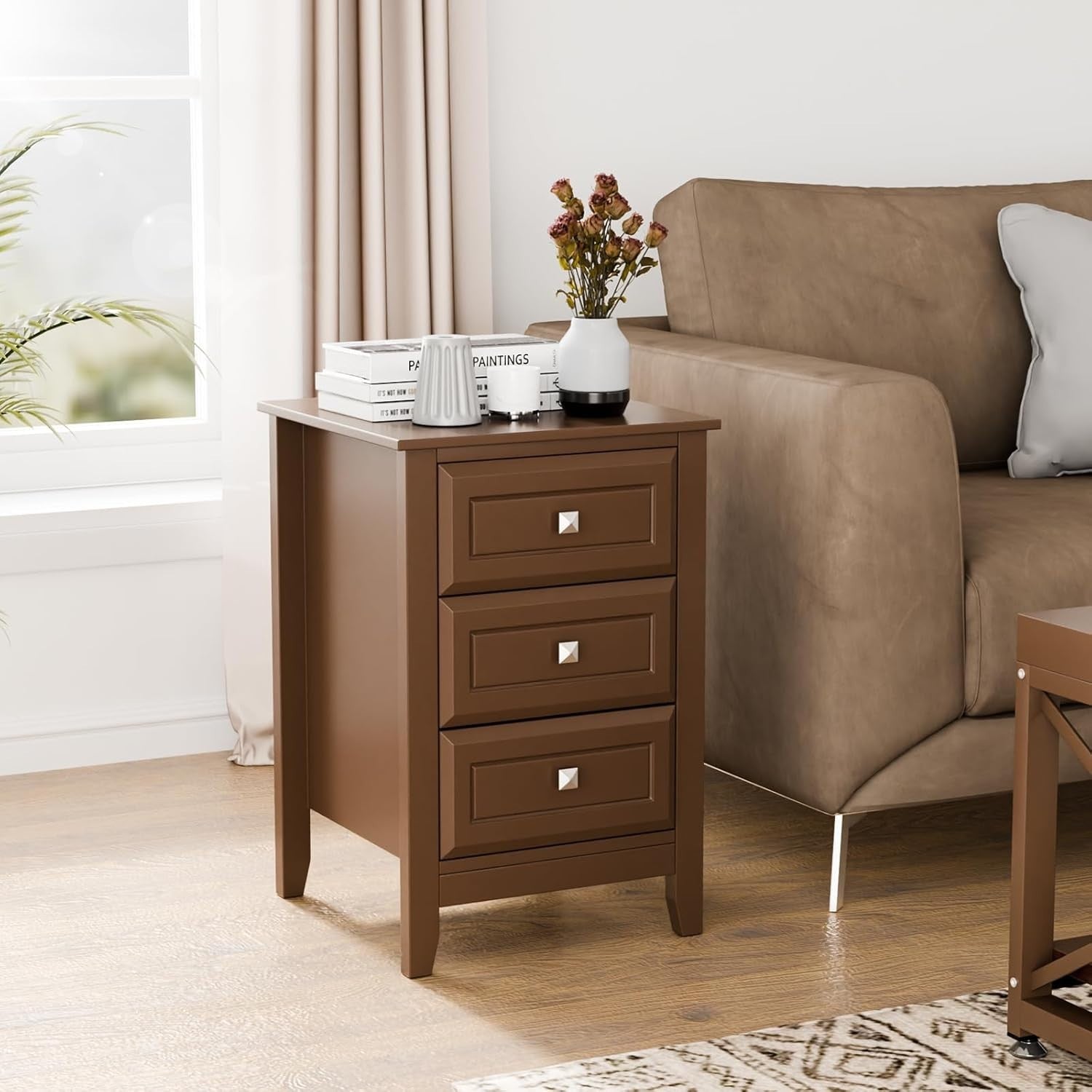 Modern Brown Bedside Table with 3 Drawers – Wooden Nightstand Cabinet