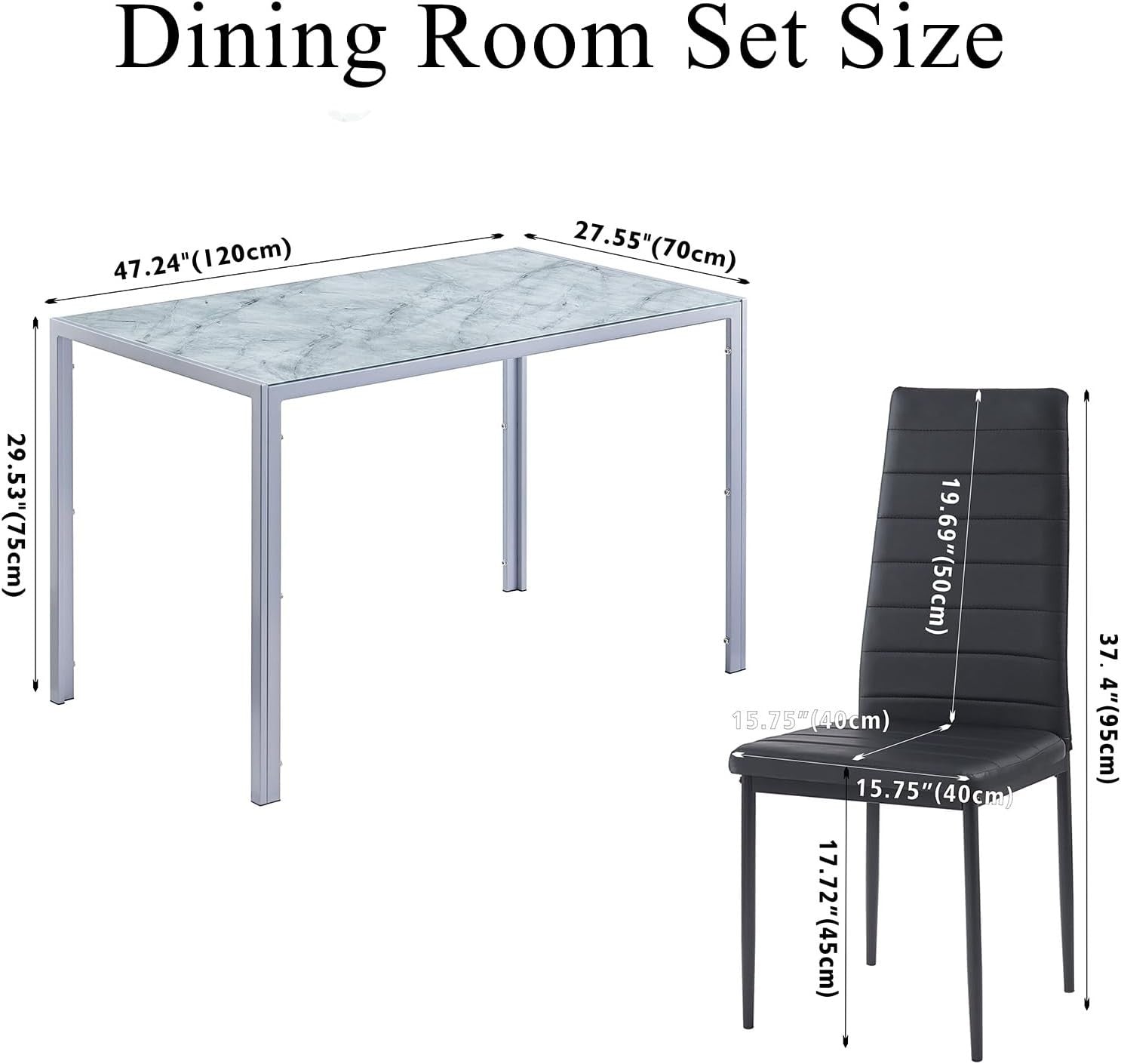 5 Piece Marble Dining Table Set Glass Top + 4 Faux Leather Chairs Black