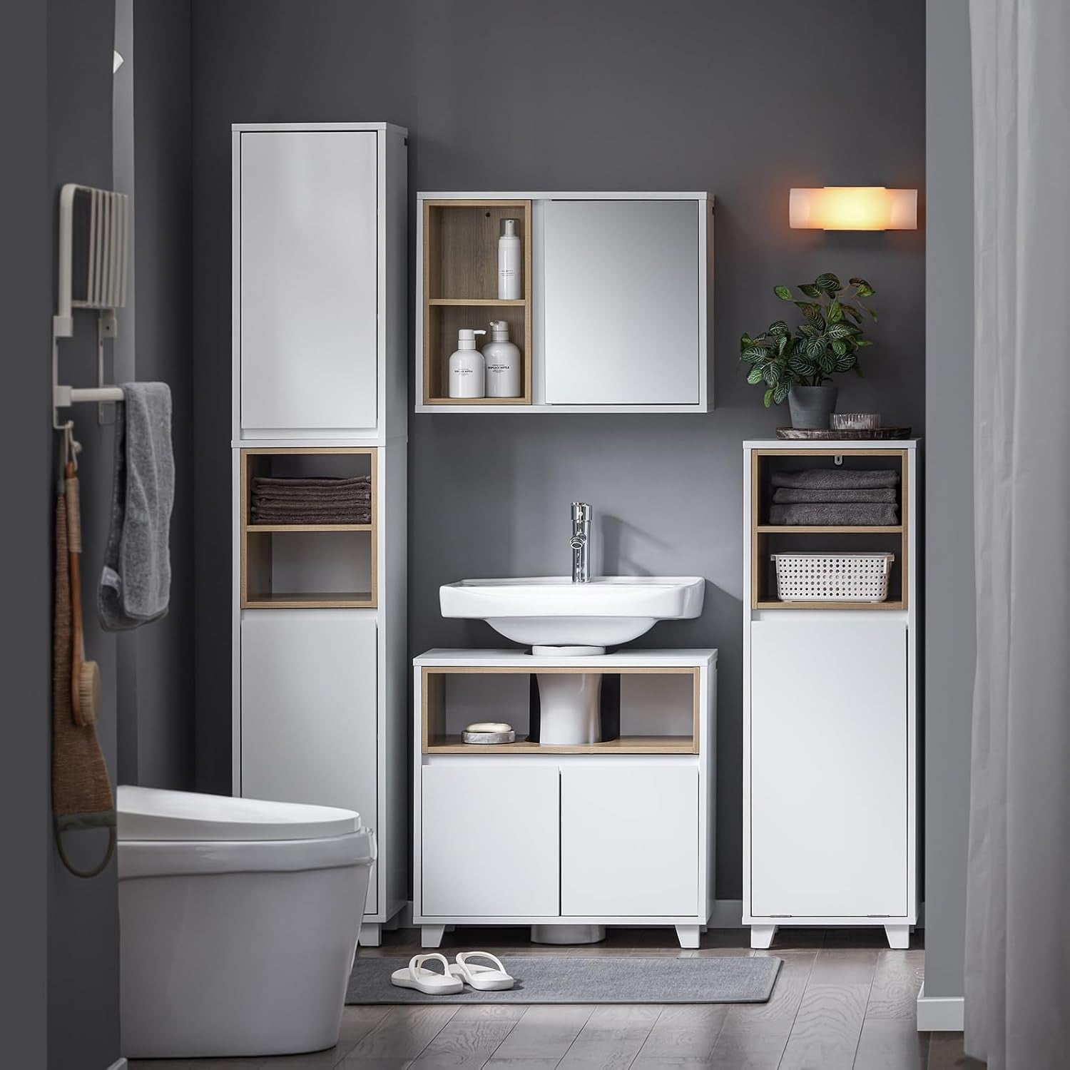 White Under Sink Bathroom Cabinet 60x30x61cm Slim Storage Cupboard Unit