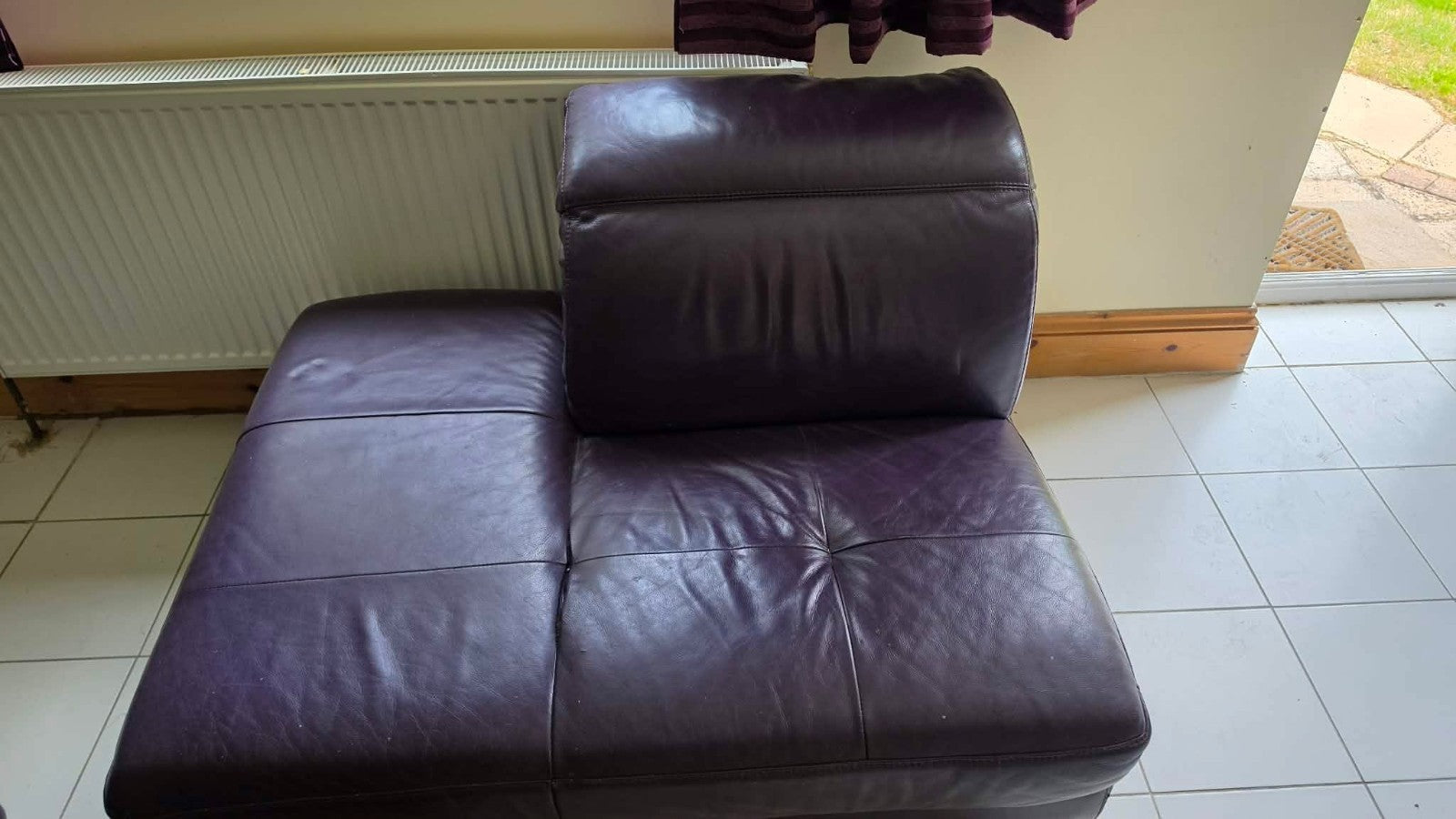 Large Purple Leather Corner Sofa + Footstool (PTP)