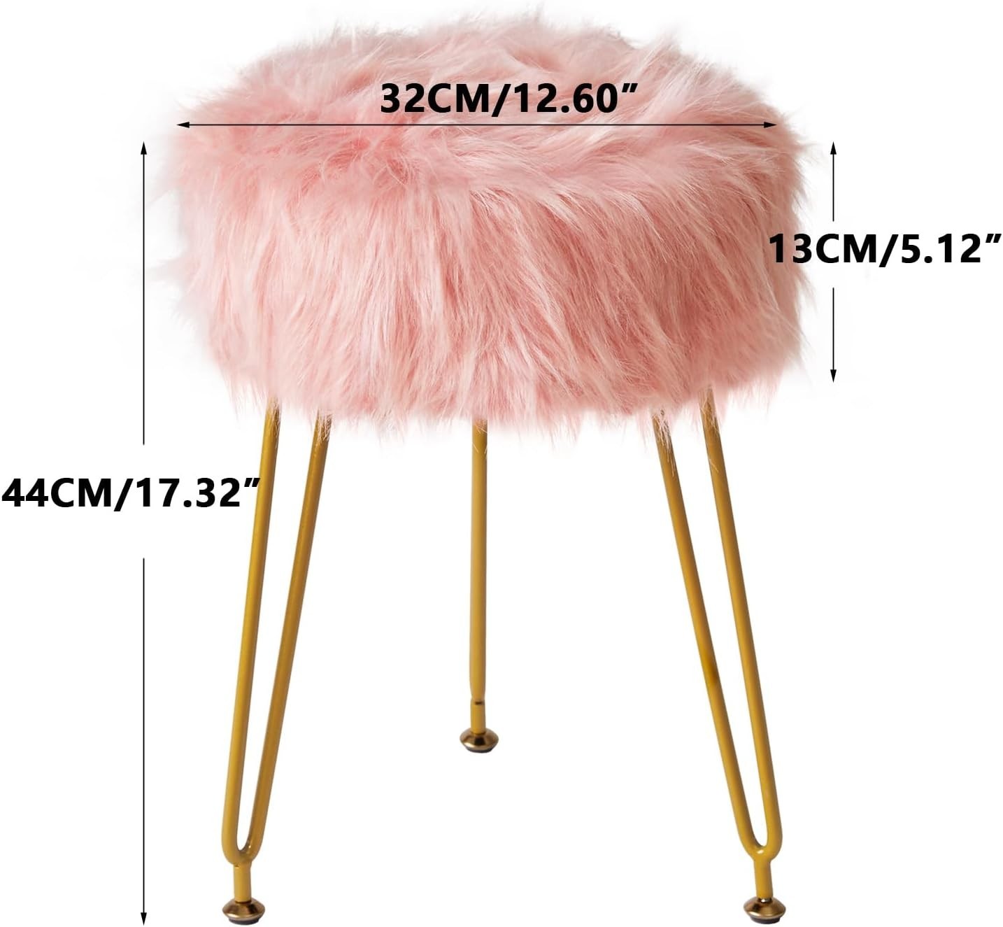 Pink Faux Fur Vanity Stool with Storage – Soft Round Makeup Chair