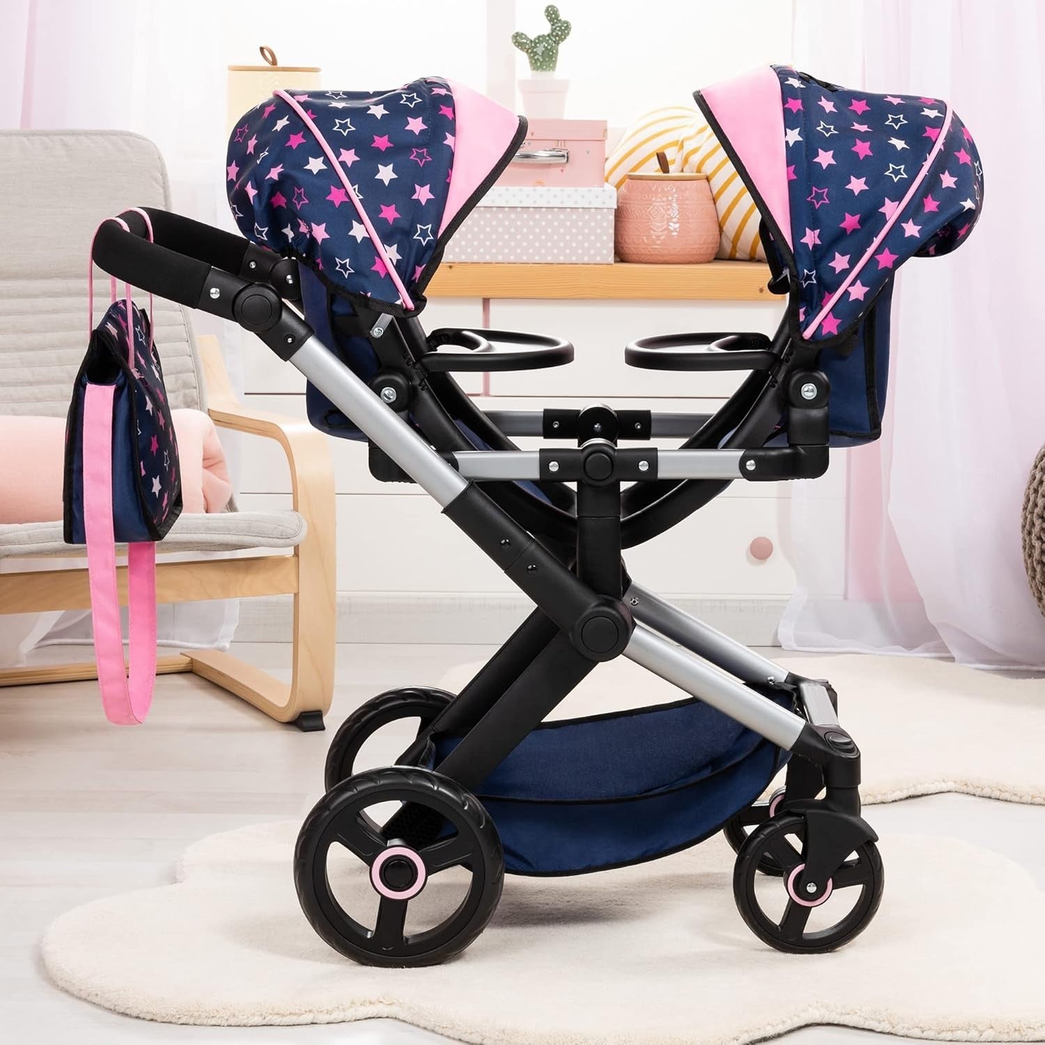 Twin Dolls Pram Double Pushchair Adjustable Handle Reversible Seats