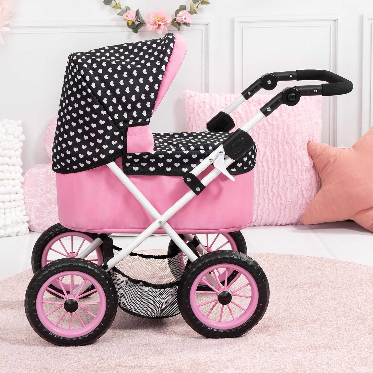 Doll Pram Pushchair Adjustable Handle Foldable with Bag Basket 46cm
