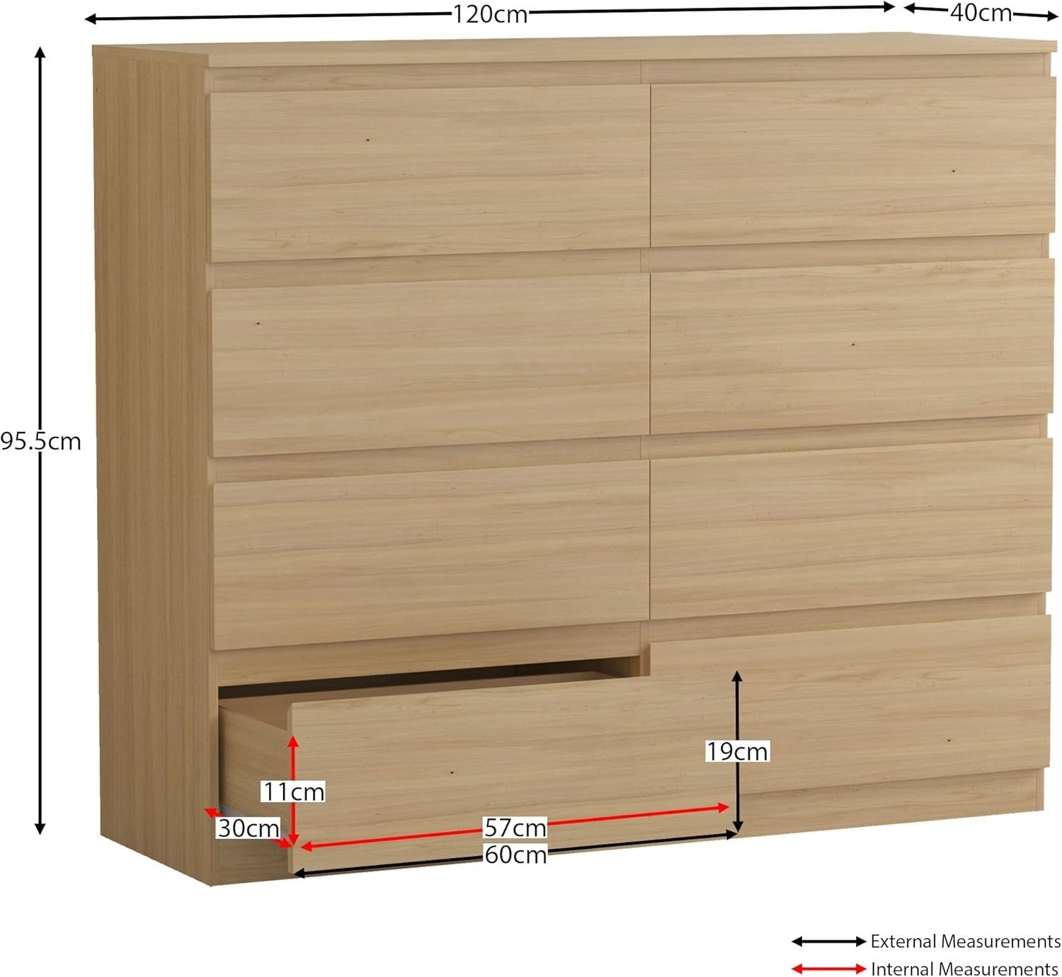 8 Drawer Chest Modern Wide Tallboy Storage Unit Pine Wood Finish