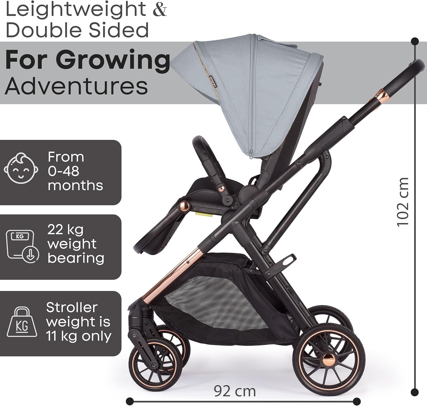 Baby Pushchair Reclining Seat Smooth Suspension Compact Stroller Grey