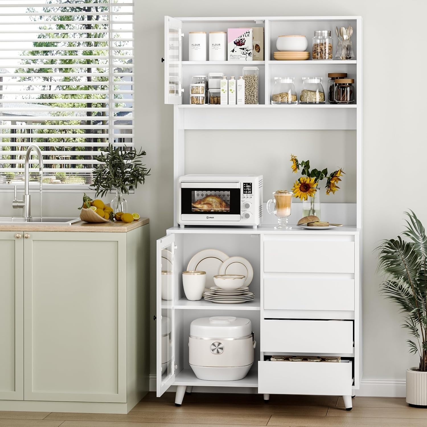 White Tall Kitchen Cupboard 180cm 2 Glass Doors 4 Drawers