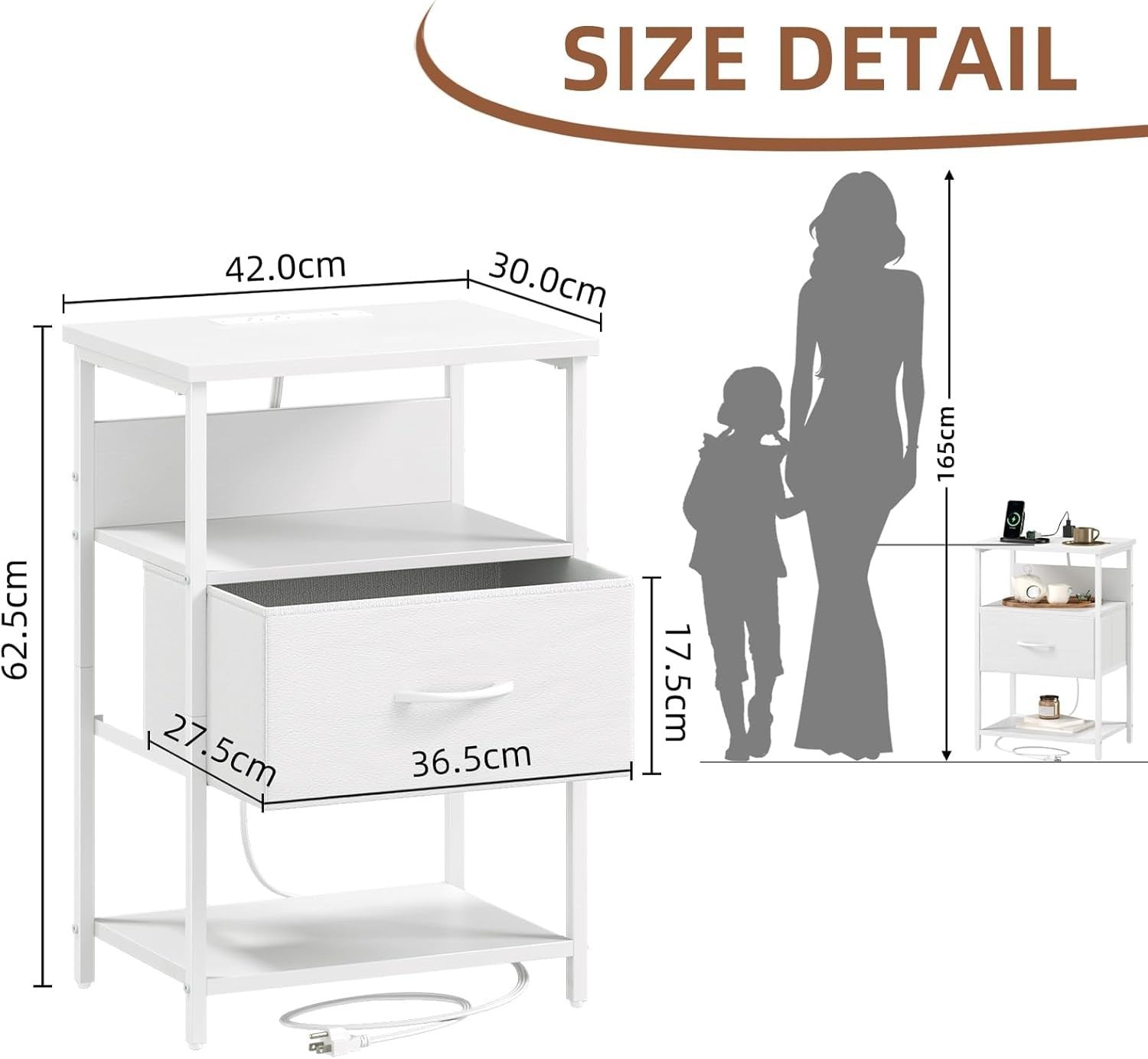 White Bedside Table with LED Light – USB Charging Ports