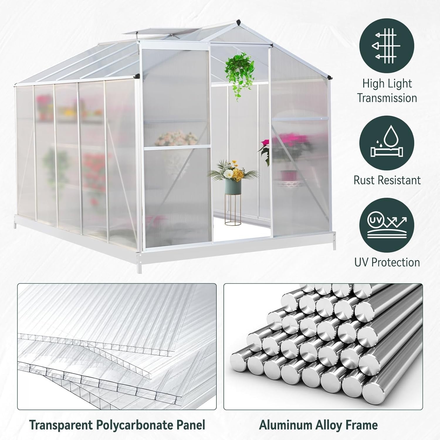 10x6FT Walk-In Polycarbonate Greenhouse with Base – Aluminium Frame