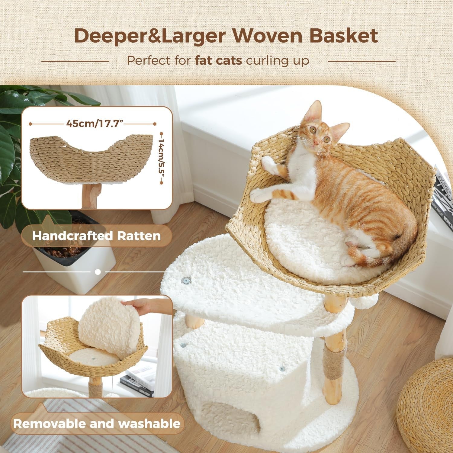 Modern Cat Tree 97cm Solid Wood Tower Rattan Basket Condo Indoor Cats