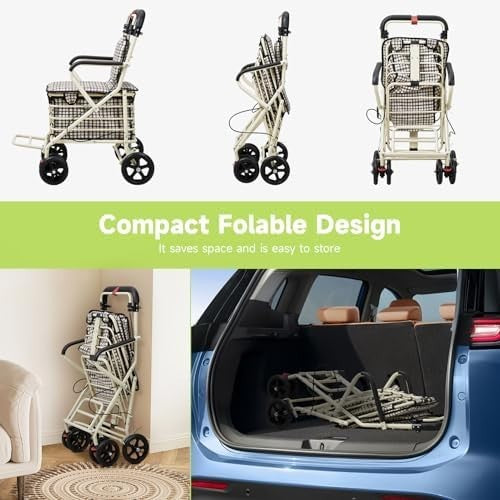 Walk & Rest Shopping Trolley with Seat 27L Foldable 4 Wheel Brakes White