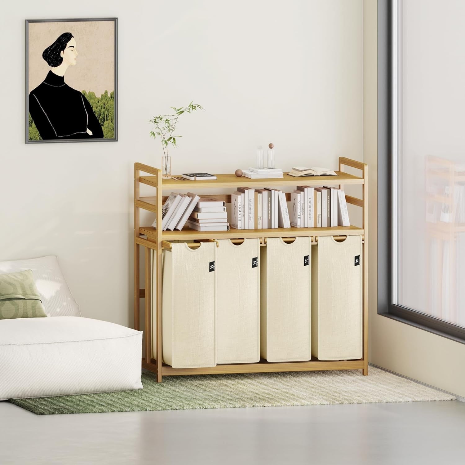 200L 4-Section Laundry Sorter Bamboo Frame Beige With Shelf Removable Bags