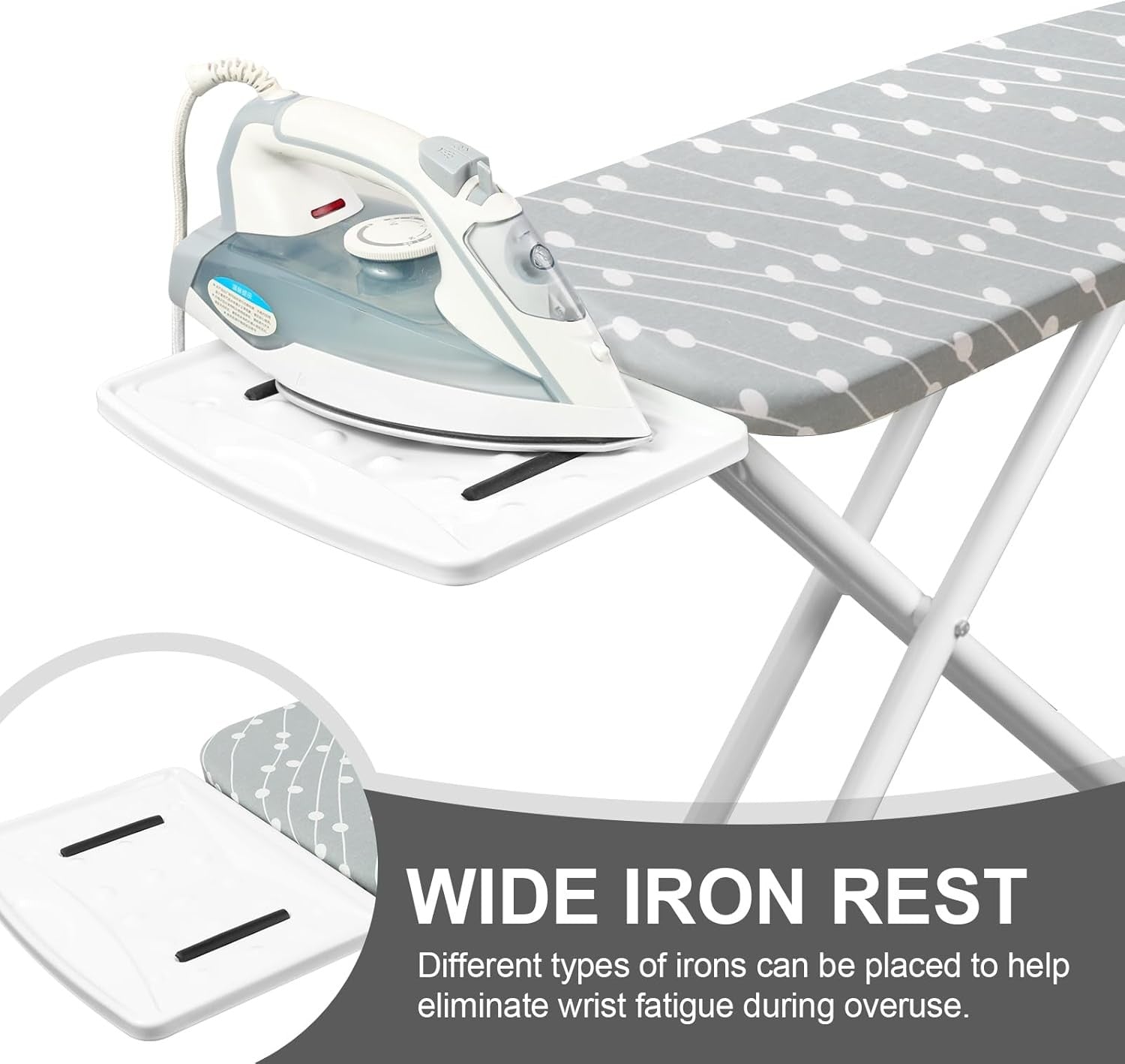 Adjustable Folding Ironing Board Blue Dots Compact Steel Frame with Iron Rest