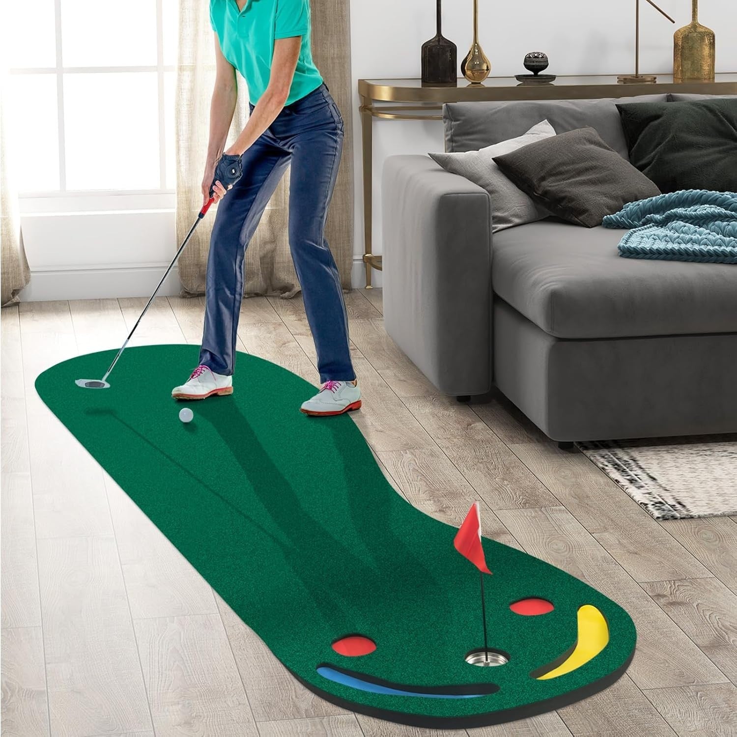 Golf Putting Green Mat Indoor Outdoor Training Set 3 Holes Flag Practice