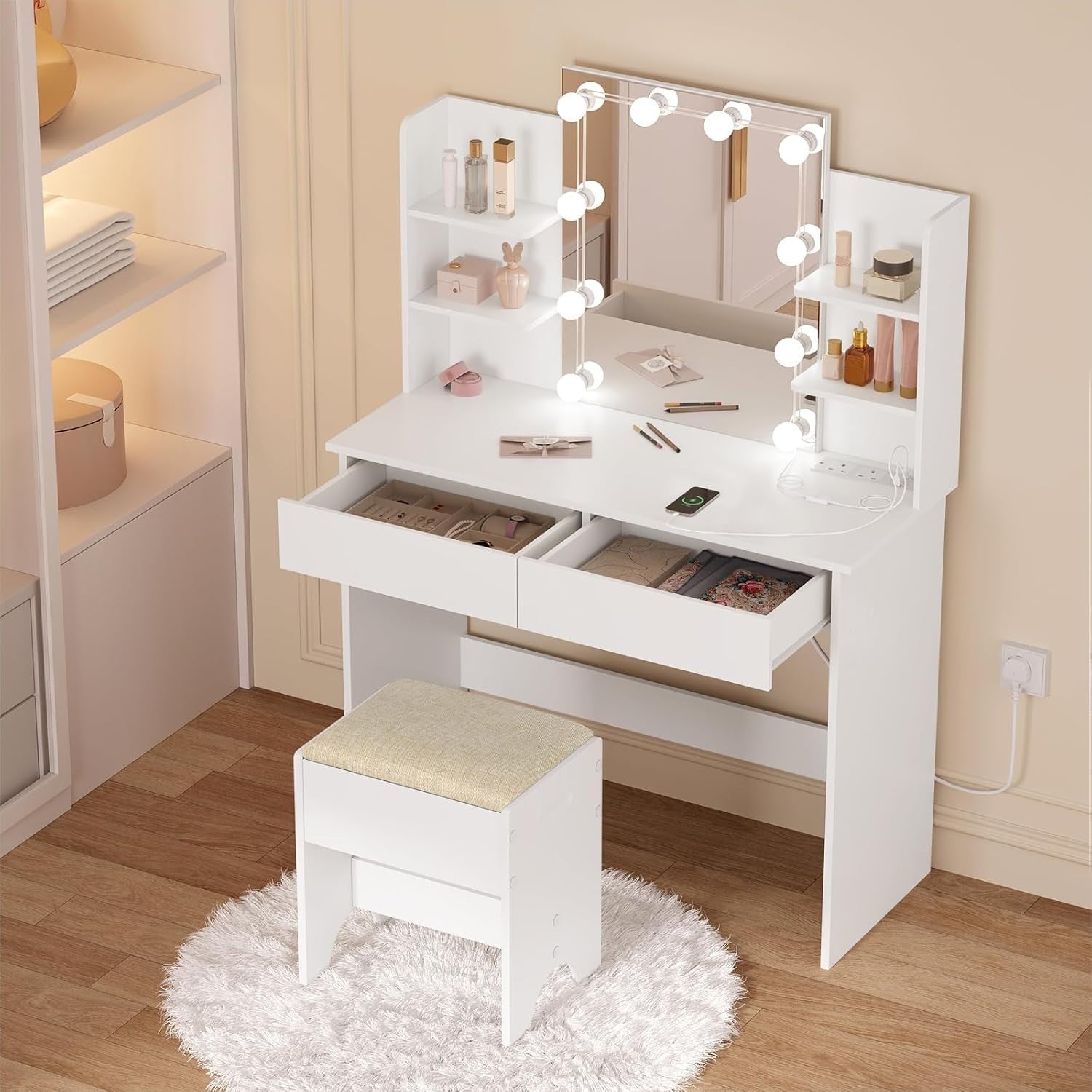 White Vanity Dressing Table Set Dimmable LED Mirror Power Strip 2 Drawers Storag