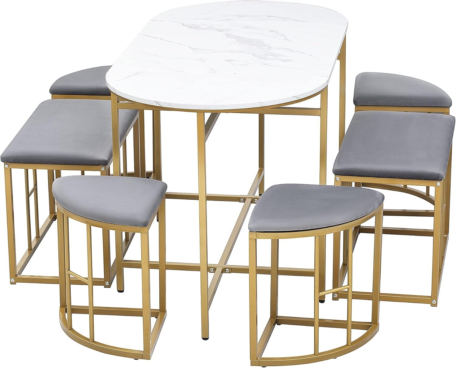Modern White Marble Dining Table Set with 4 Chairs & 6 Stools – Stylish & Durabl