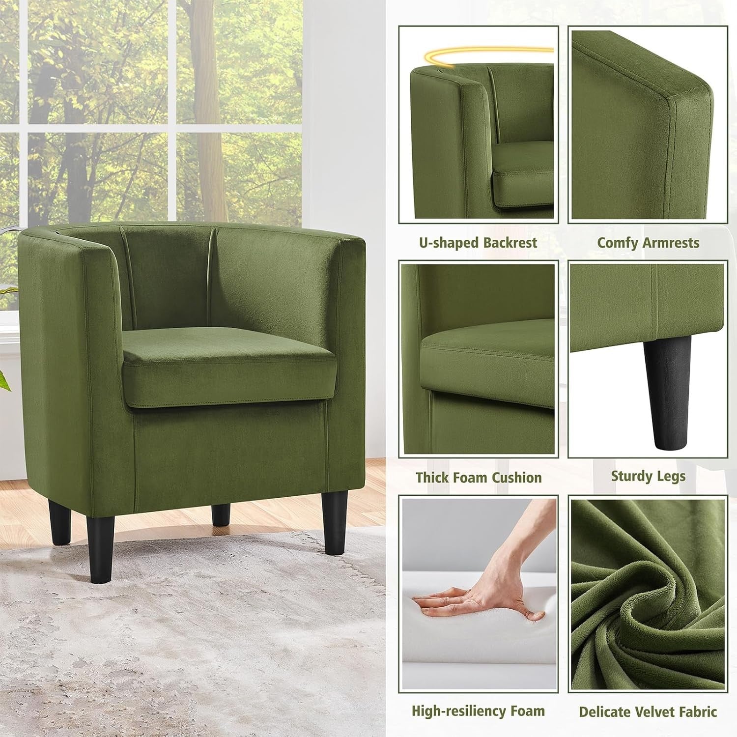 Velvet Tub Chair Olive Green Barrel Armchair