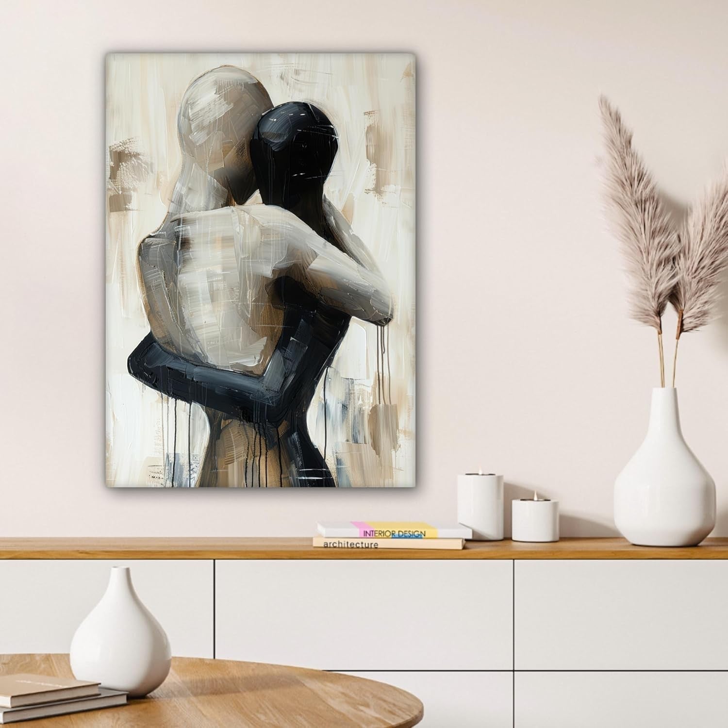 Abstract Couple Canvas Wall Art 60x80cm Framed Modern Beige