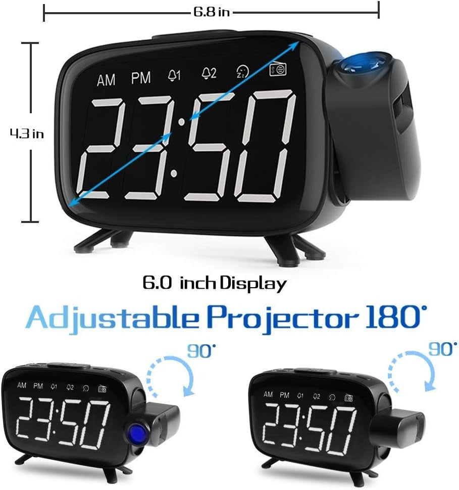 Projection Alarm Clock FM Radio 180° Ceiling Display Snooze LED Digital