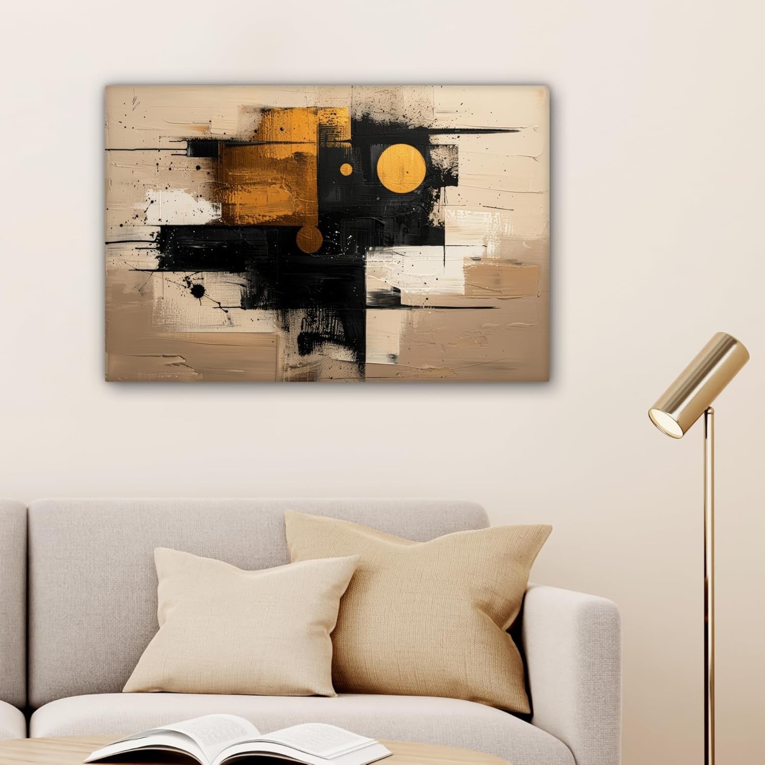 Abstract Canvas Wall Art 60x40cm Framed Beige Gold Modern