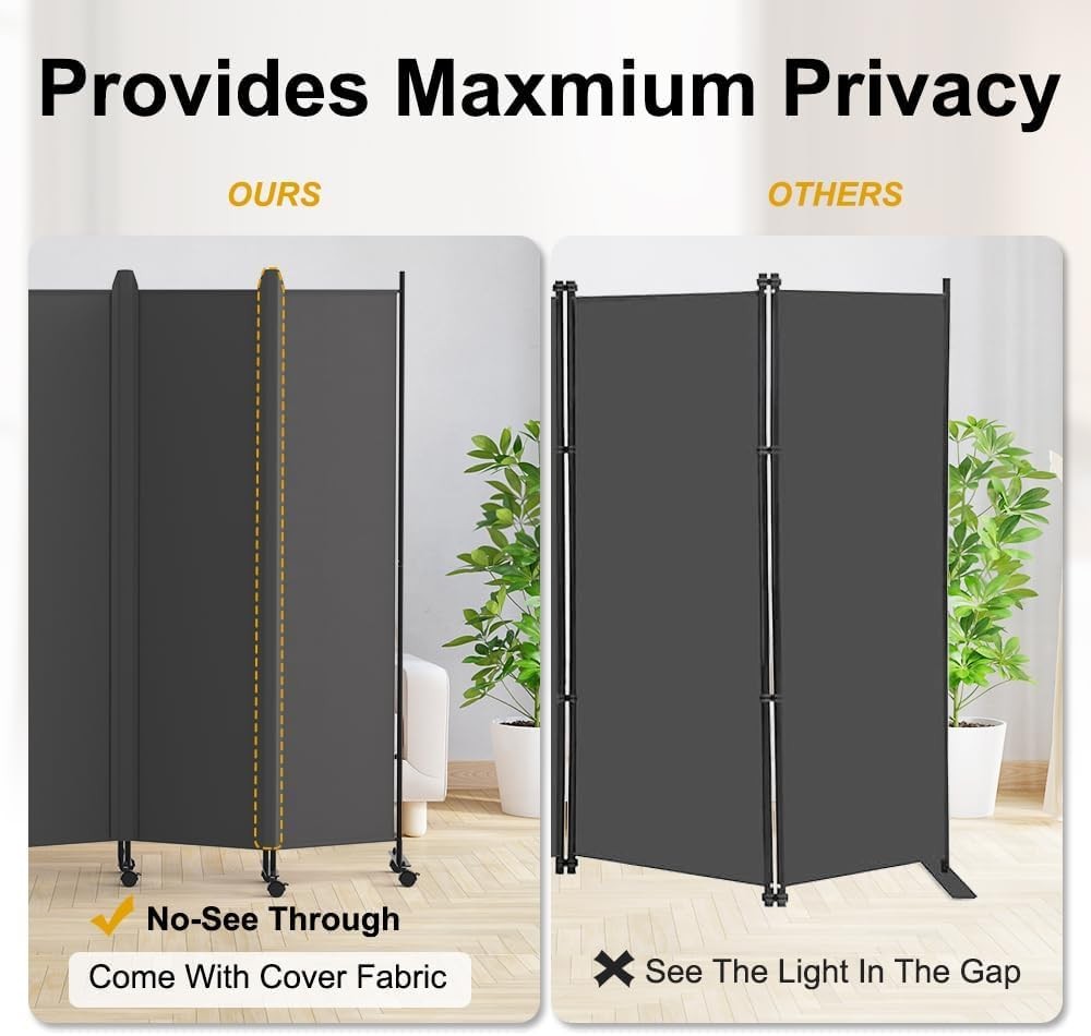 6 Panel Room Divider Folding Privacy Screen with Lockable Wheels – Large Grey Po