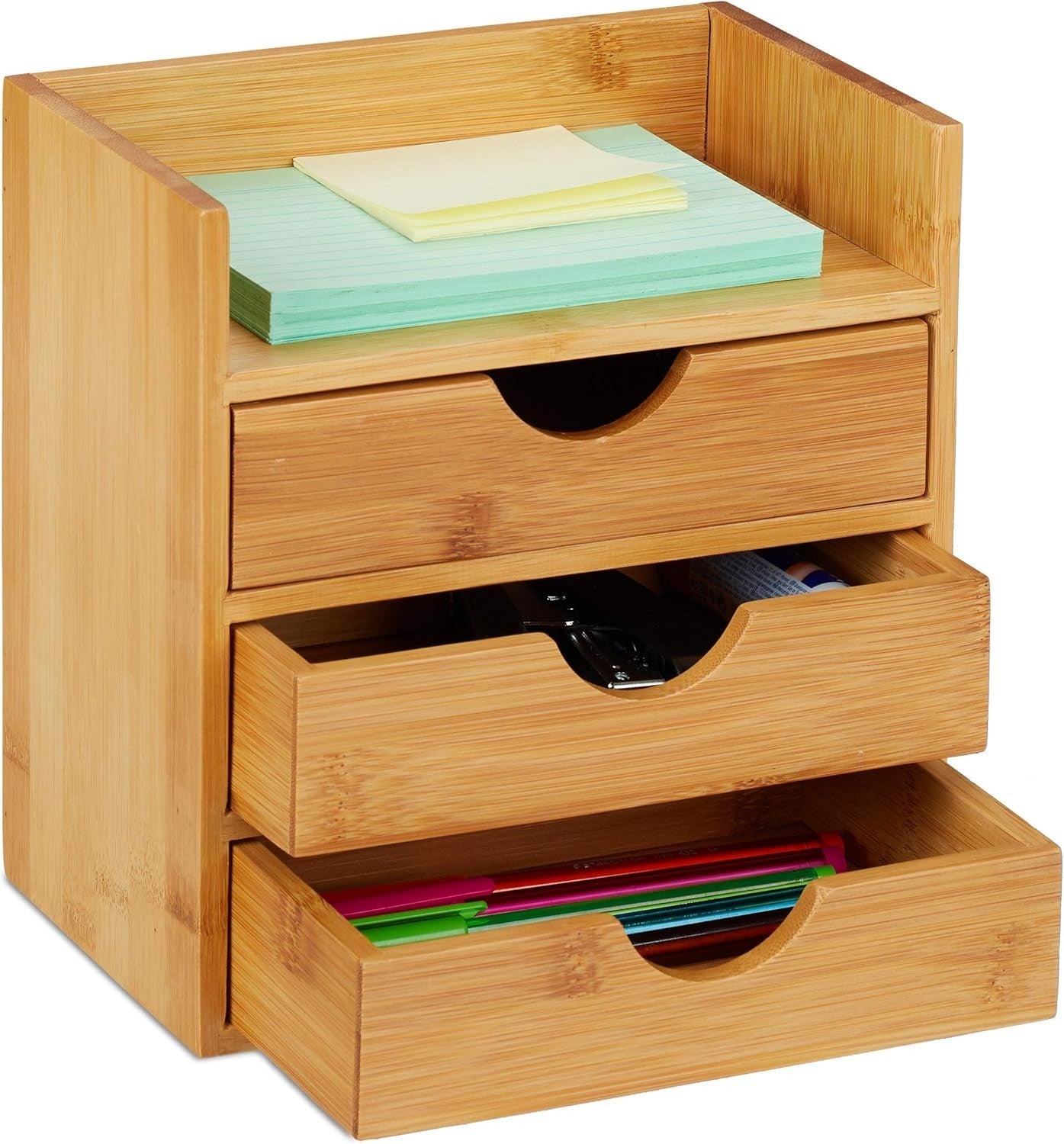 Bamboo Desk Organizer 3 Drawers Desk Tidy Pen Holder Office Storage Unit