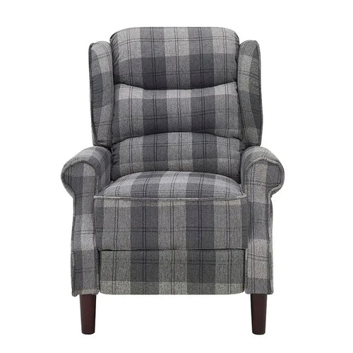 Grey Tartan Wingback Recliner Armchair – Manual Pushback Lounge Chair