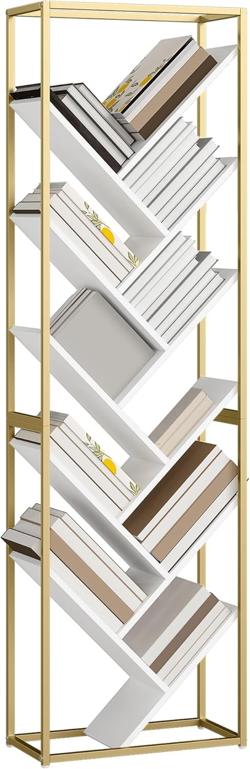 10-Tier Tree Bookshelf Modern White & Gold Tall Display Storage Unit for Home