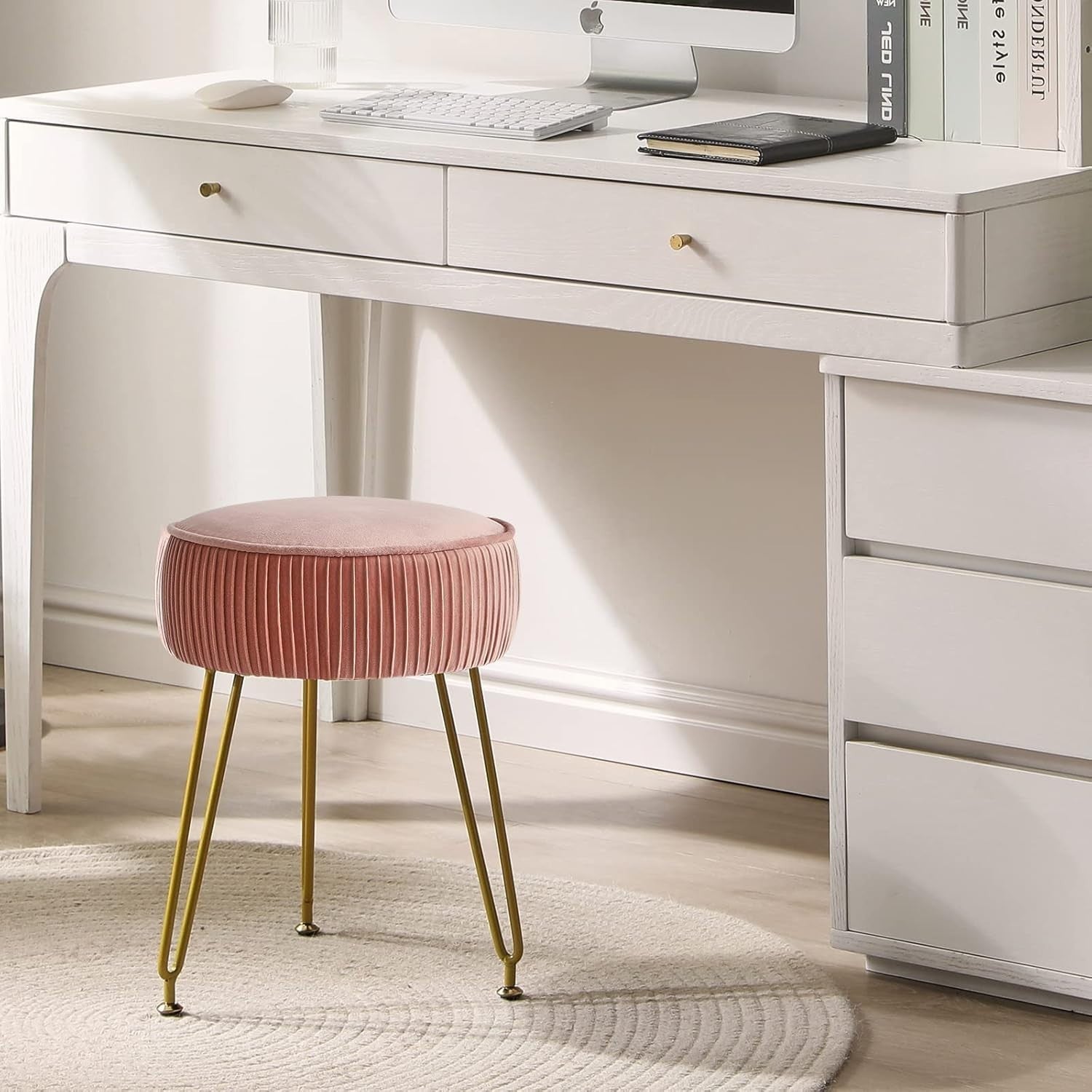 Pink Velvet Round Vanity Stool with Golden Steel Legs – Footrest & Side Table