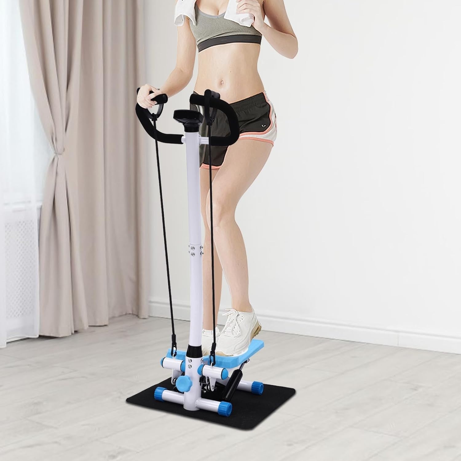 Adjustable Stair Climber Stepper Machine w/ Armrest Display & Resistance Bands