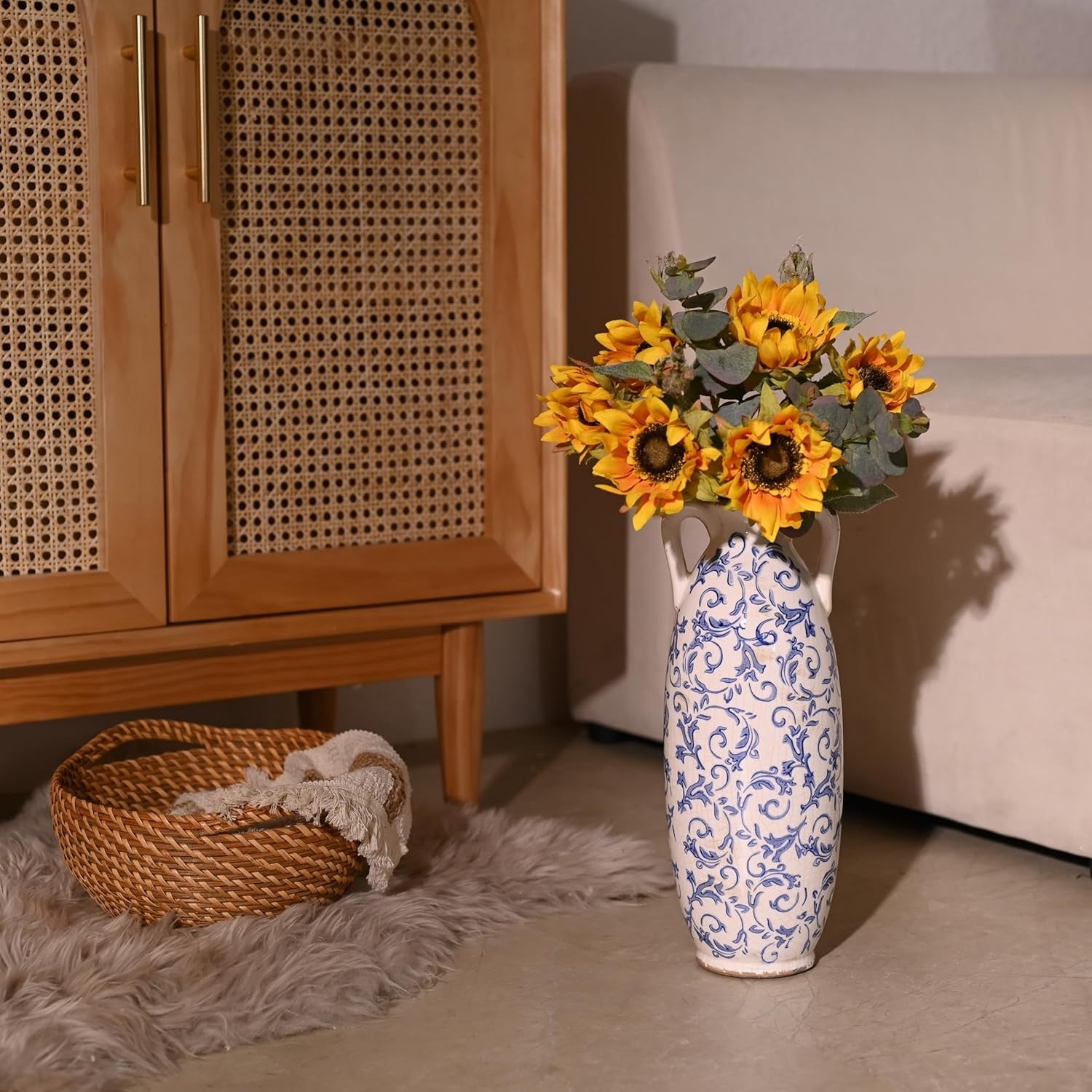 Tall Blue White Ceramic Floor Vase for Pampas Grass Farmhouse Decor 14"