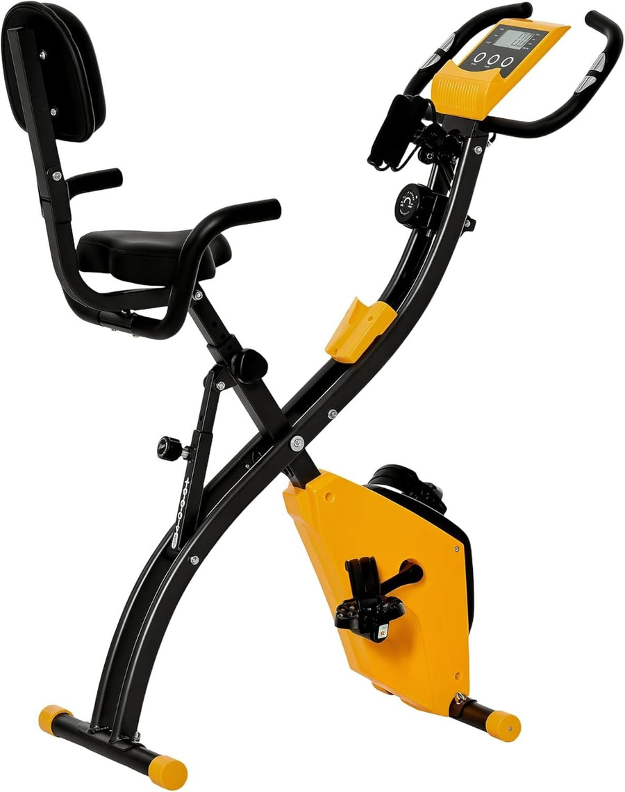 Yellow 3-in-1 Folding Exercise Bike Magnetic Resistance LCD Pulse & Bands