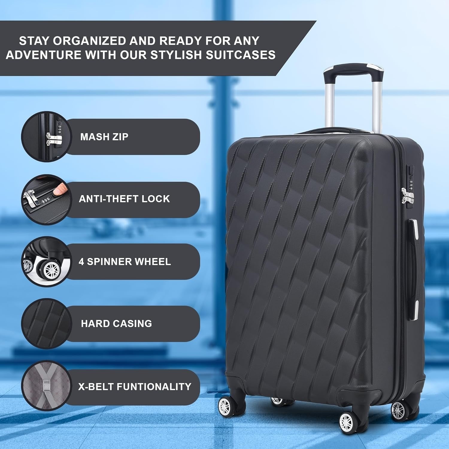 20 Inch Cabin Hard Shell Carry On Suitcase 4 Spinner Wheels Lock Black