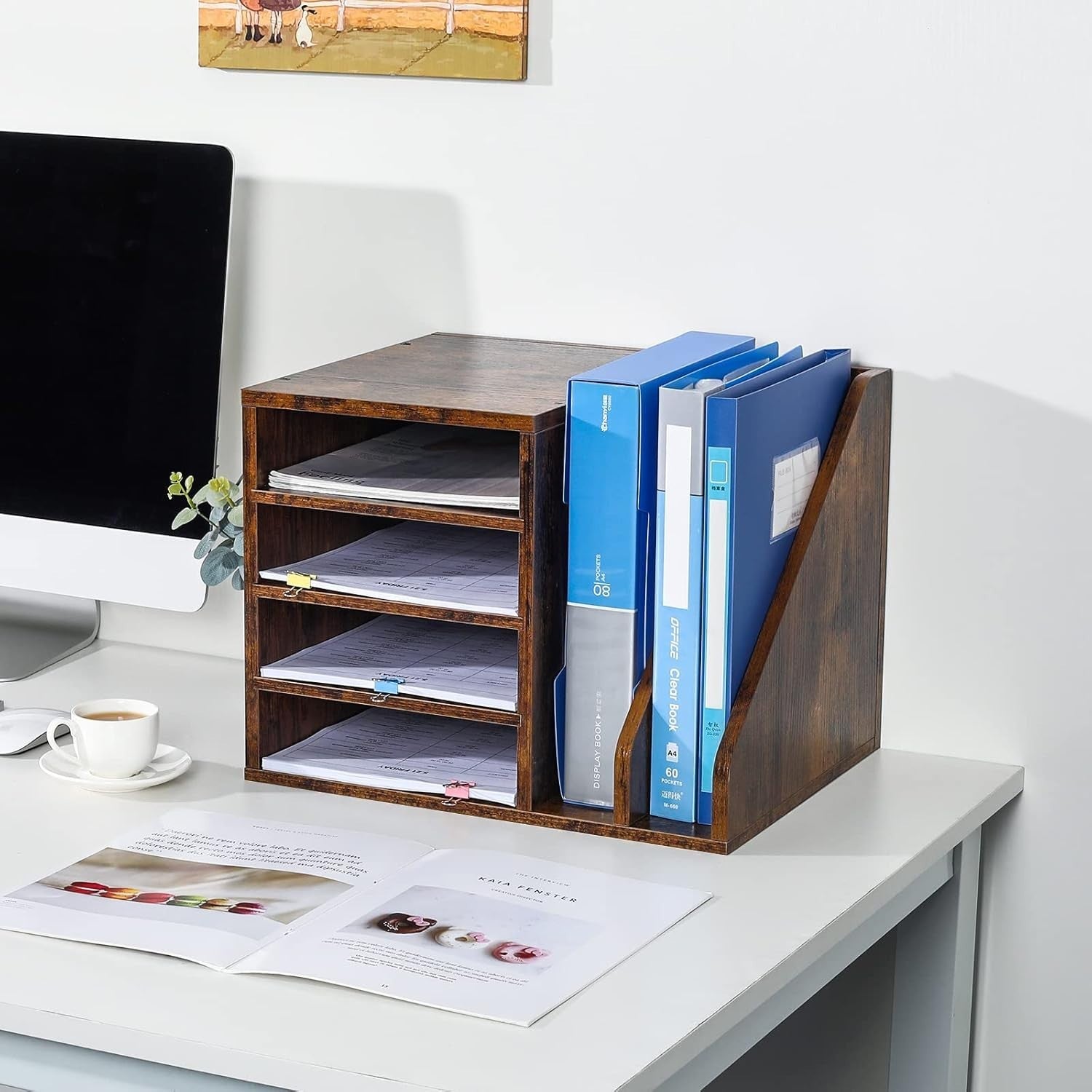 Wood Desktop File Organizer Mail Sorter | Desk Tray A4 Paper Storage