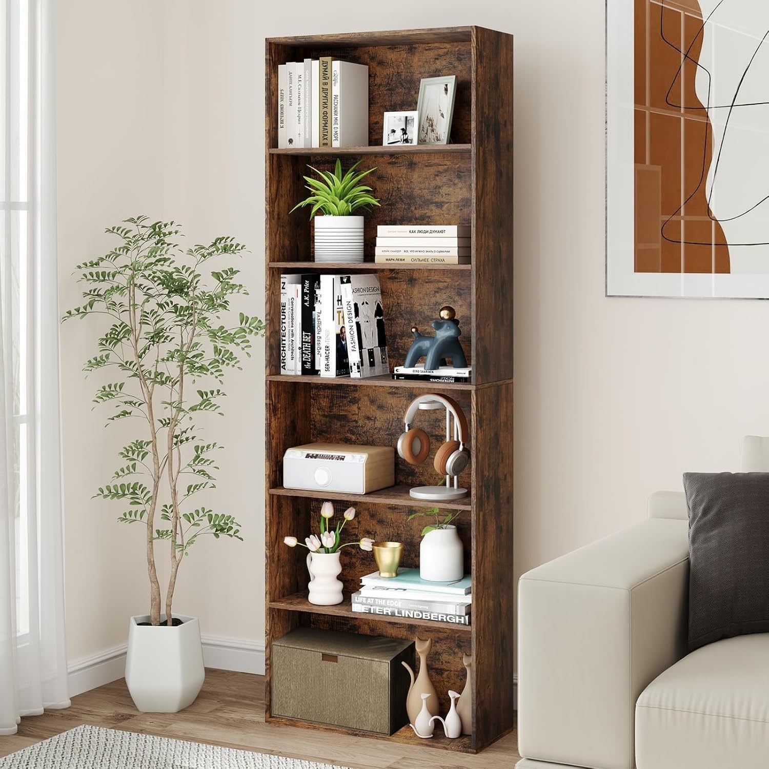 Tall 6-Tier Bookshelf Storage Unit Rustic Wood Shelving Rack for Living Room