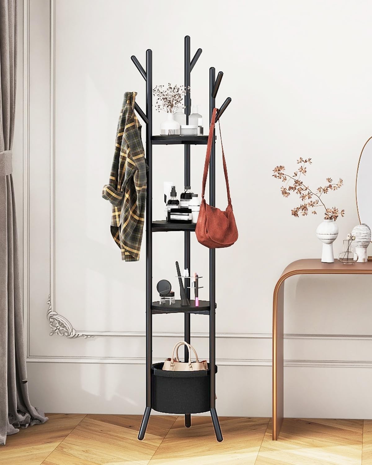 Black Freestanding Coat Rack with Shelves | 169cm Metal Hall Tree Stand