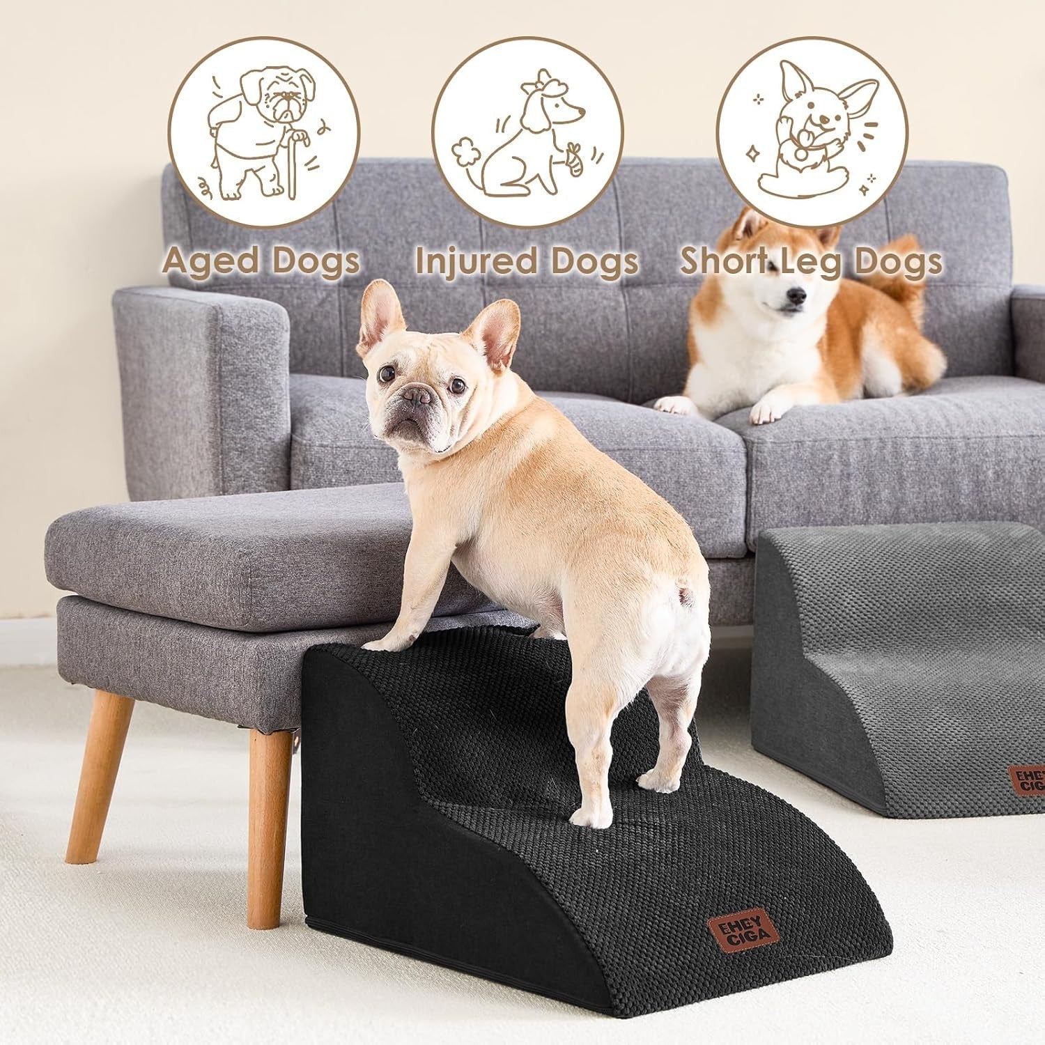 2 Step Dog Stairs for Sofa Non Slip Foam Pet Steps Washable Black