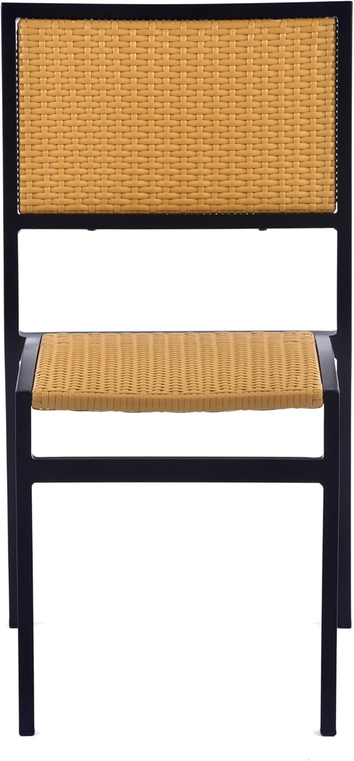 Teak Rattan Dining Side Chair Stackable Garden Patio Seating Metal Frame