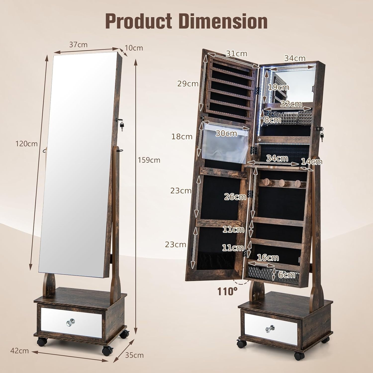 Coffee LED Jewellery Cabinet Lockable Full Length Mirror Mobile