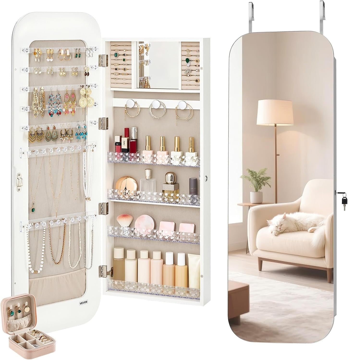 Wall Mount Jewelry Mirror Cabinet Full Length Lockable Storage Organizer