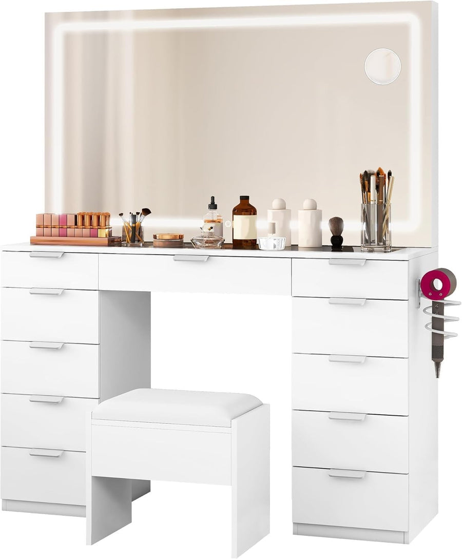 11-Drawer Makeup Vanity Desk with LED Light Mirror, Glass Top & Charging Station