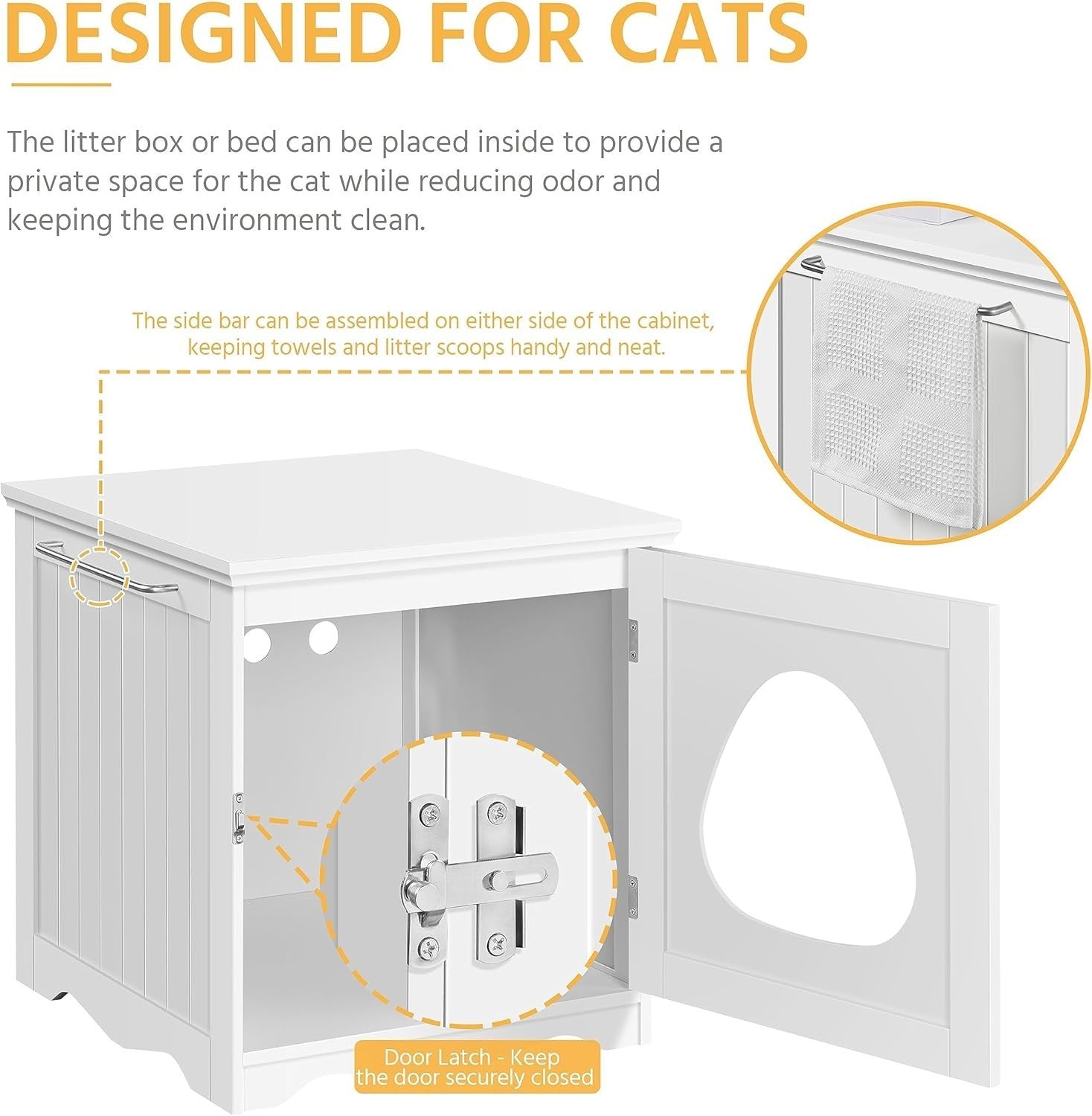 Hidden Cat Litter Box Furniture with Towel Bar, Enclosed Cabinet White