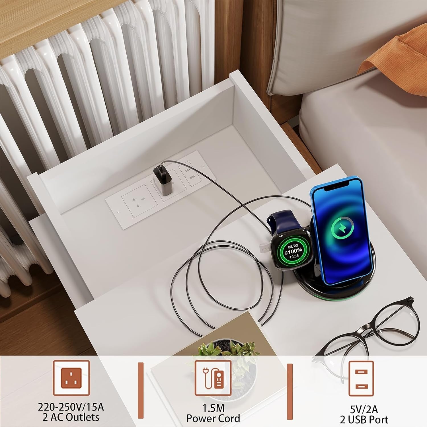 Modern Gloss White Bedside Cabinet with LED Lights, USB Charging Ports