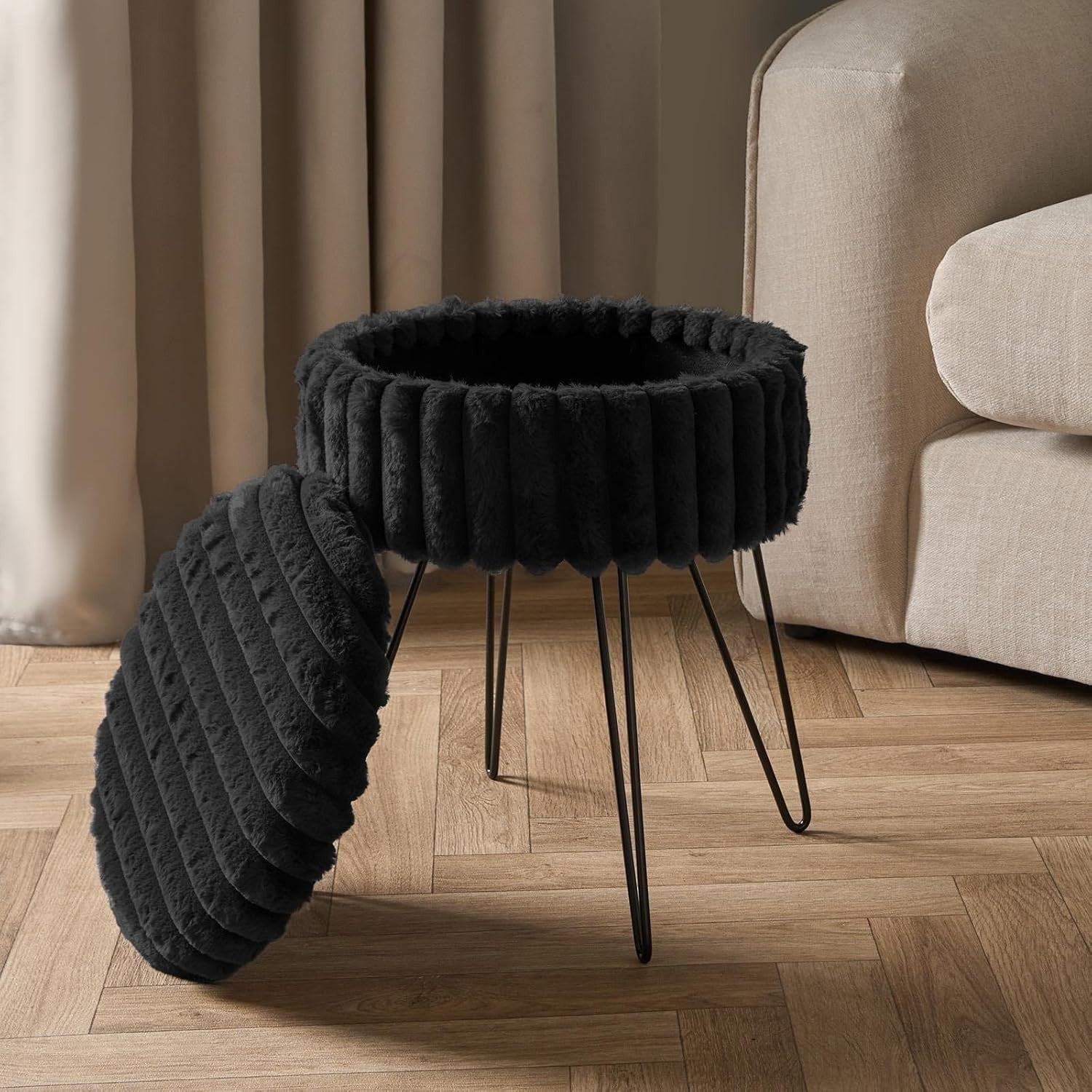 Black Faux Fur Storage Stool Round Footrest Hairpin Leg Ottoman Seat