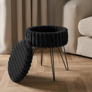 Black Faux Fur Storage Stool Round Footrest Hairpin Leg Ottoman Seat