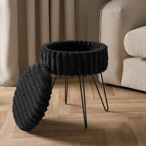 Black Faux Fur Storage Stool Round Footrest Hairpin Leg Ottoman Seat