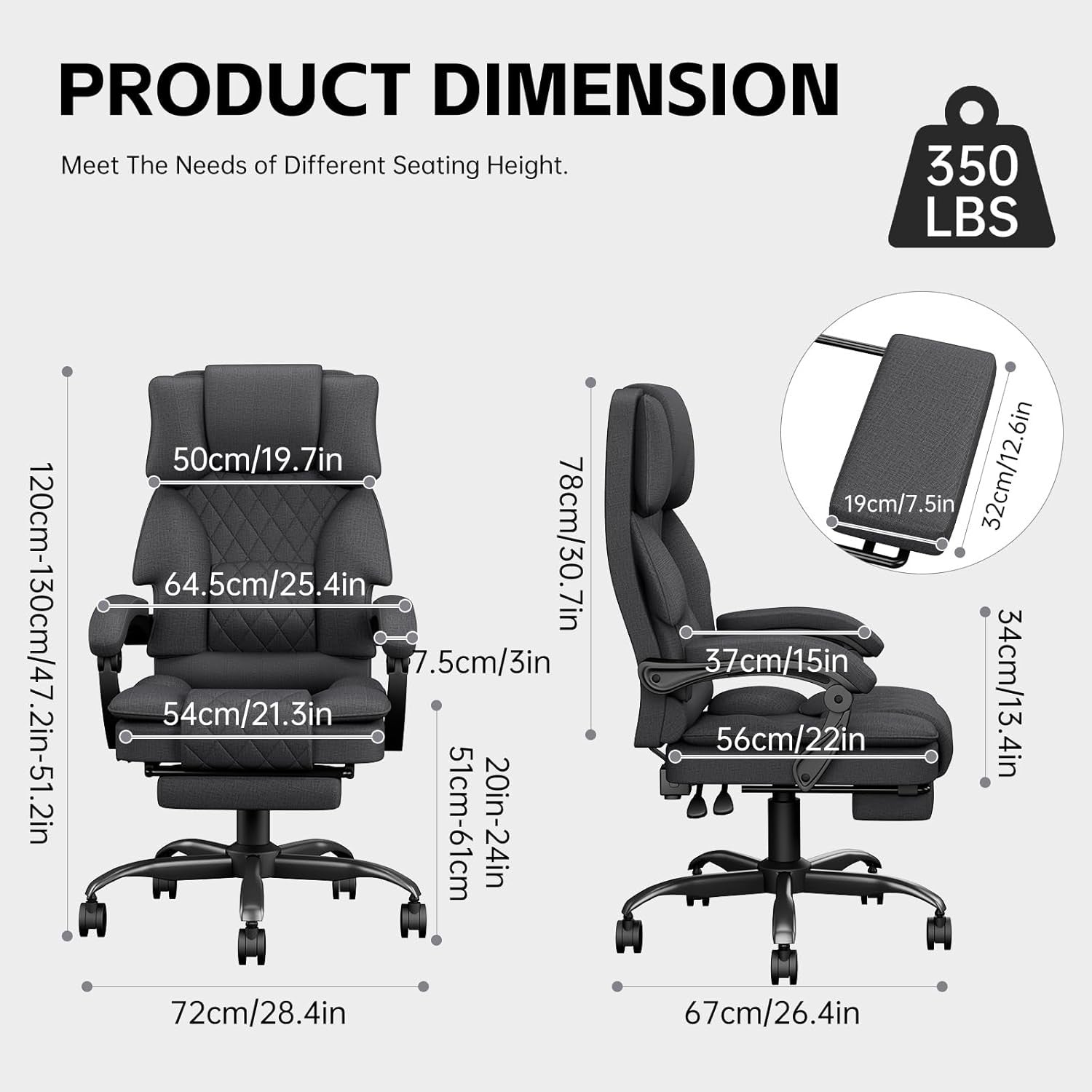 Ergonomic Gaming Office Chair with Footrest 350lbs Wide Seat Grey