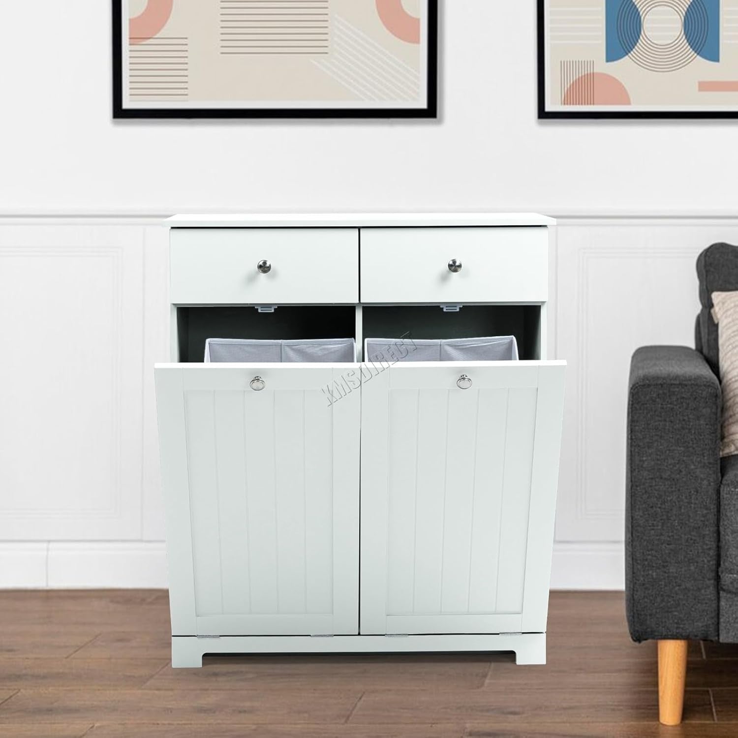 Bathroom Laundry Cabinet Tilt Out Storage with Drawers & Baskets White