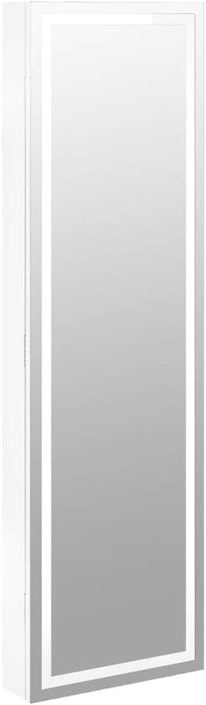 Vertical LED Jewelry Storage Mirror Cabinet Wall Hang Lockable White